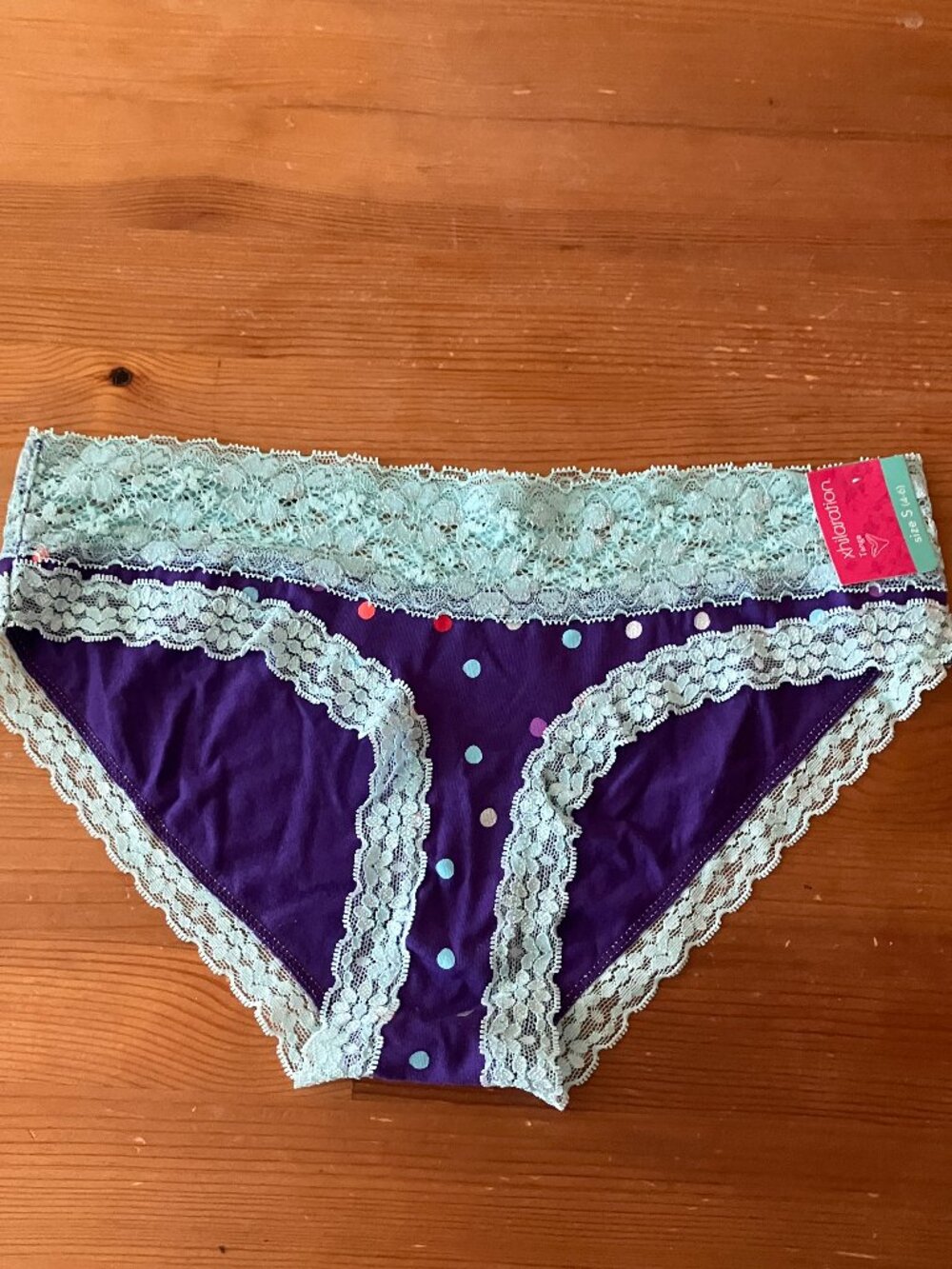 Xhilaration bikini panties Putple w/milticolor polka dots&mint green lace trim S